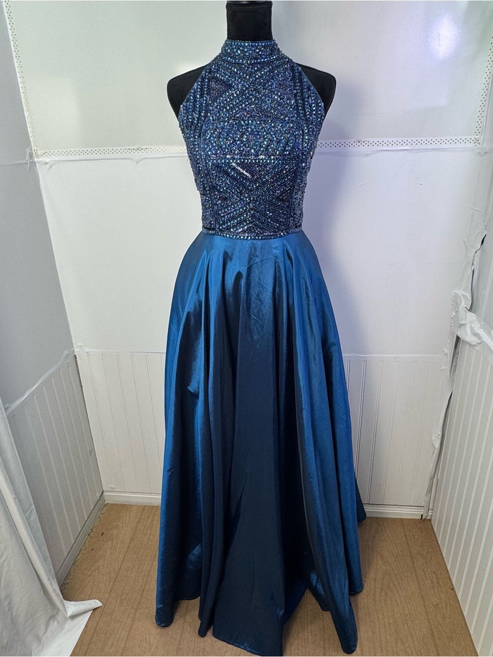 Vintage Sherri Hill 12 Royal Blue Beaded Halter Prom Pageant Gown Dress